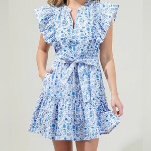 SUGARLIPS Blue Floral Sleeveless Tiered Ruffle Dress Pockets Size L